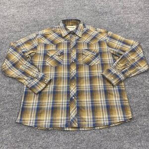 Vintage Rustler Western Pearl Snap Shirt Mens Large Tan Blue Plaid Metallic